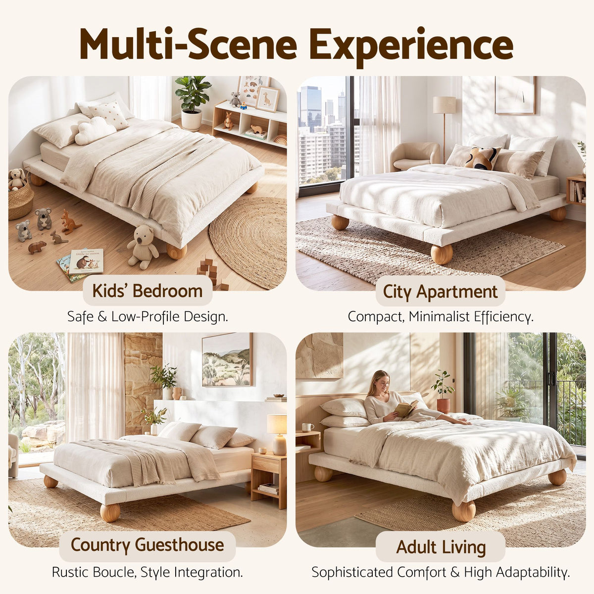 TWSC Queen Bed Frame with Boucle Upholstery and Solid Rubber Wood Legs