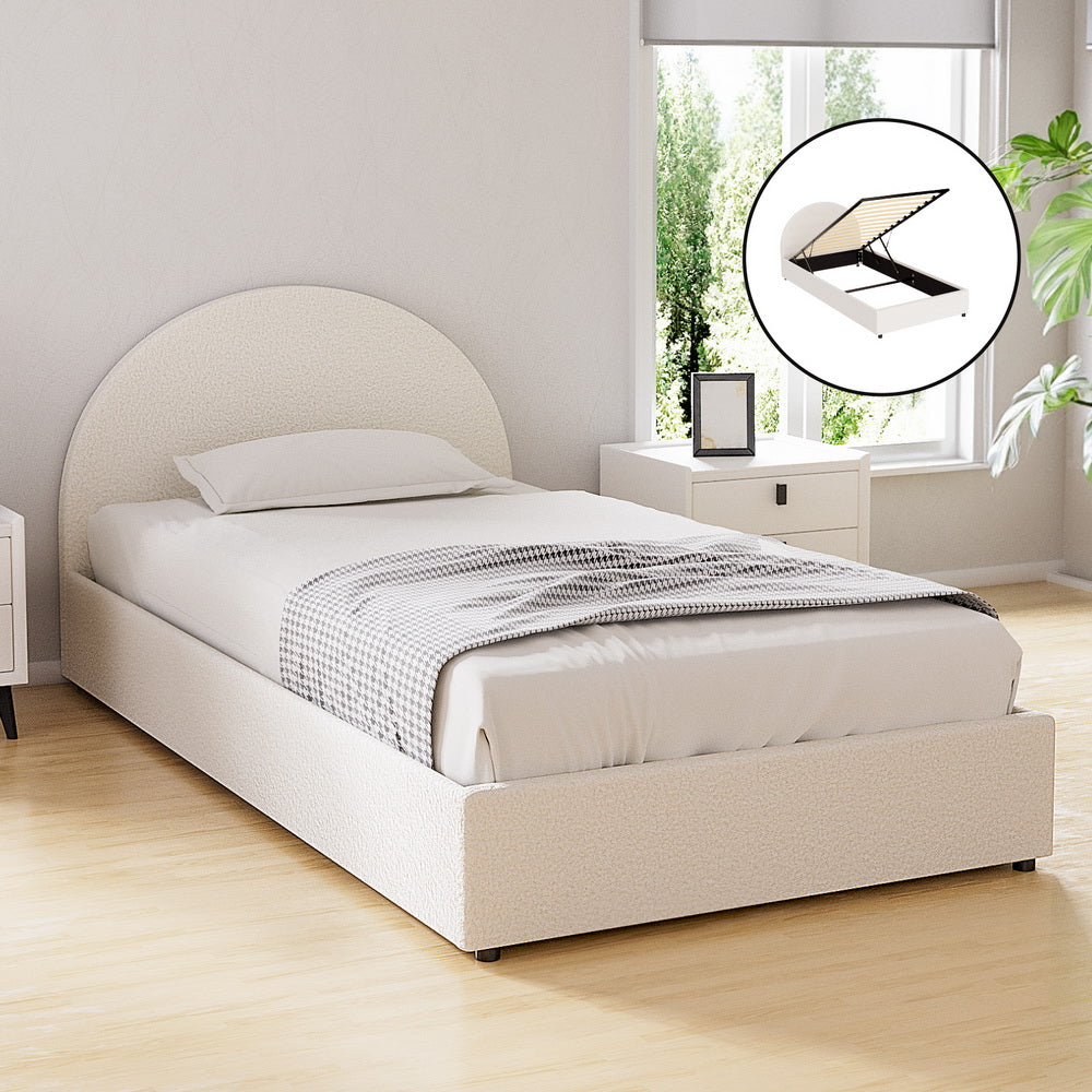 TWSC Bed Frame Gas Lift Strorage Beds Base Platform Boucle Fabric King Single ELLA