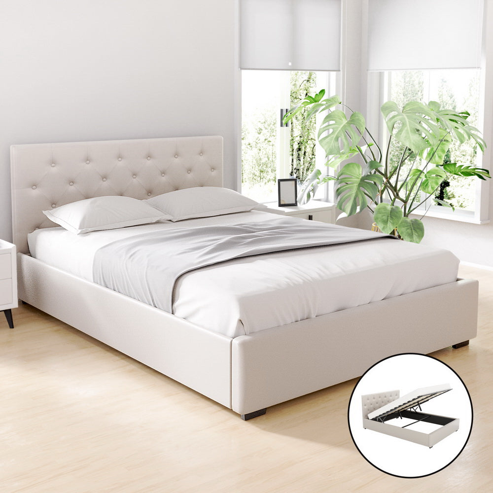 Artiss Bed Frame Gas Lift Beige VILA