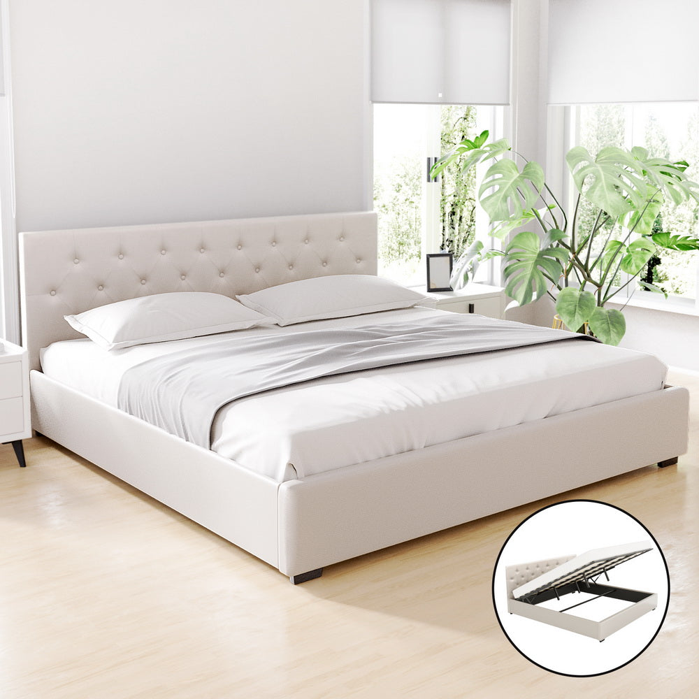 Artiss Bed Frame Gas Lift Beige VILA