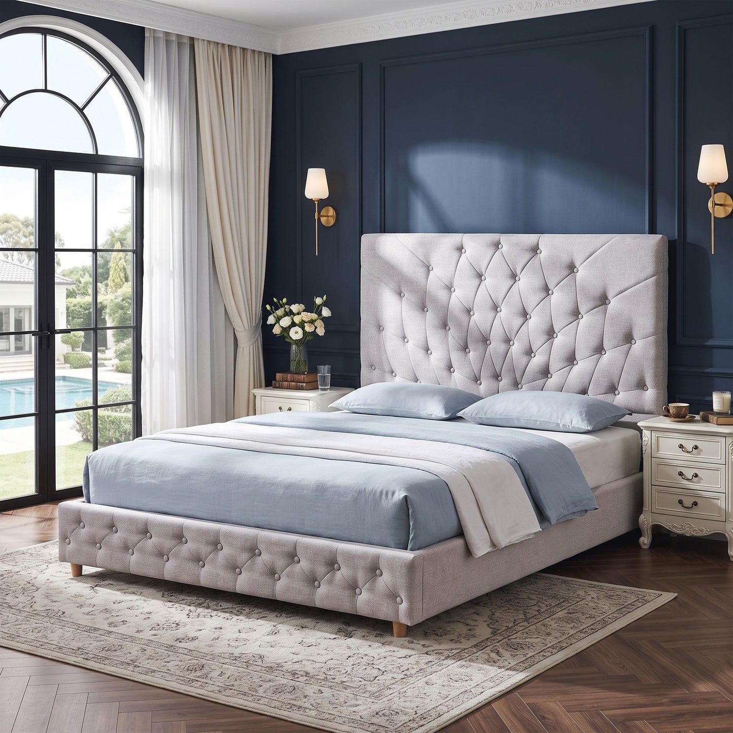 TWSC Double Bed Frame with Tufted Headboard and Plywood Slats Grey