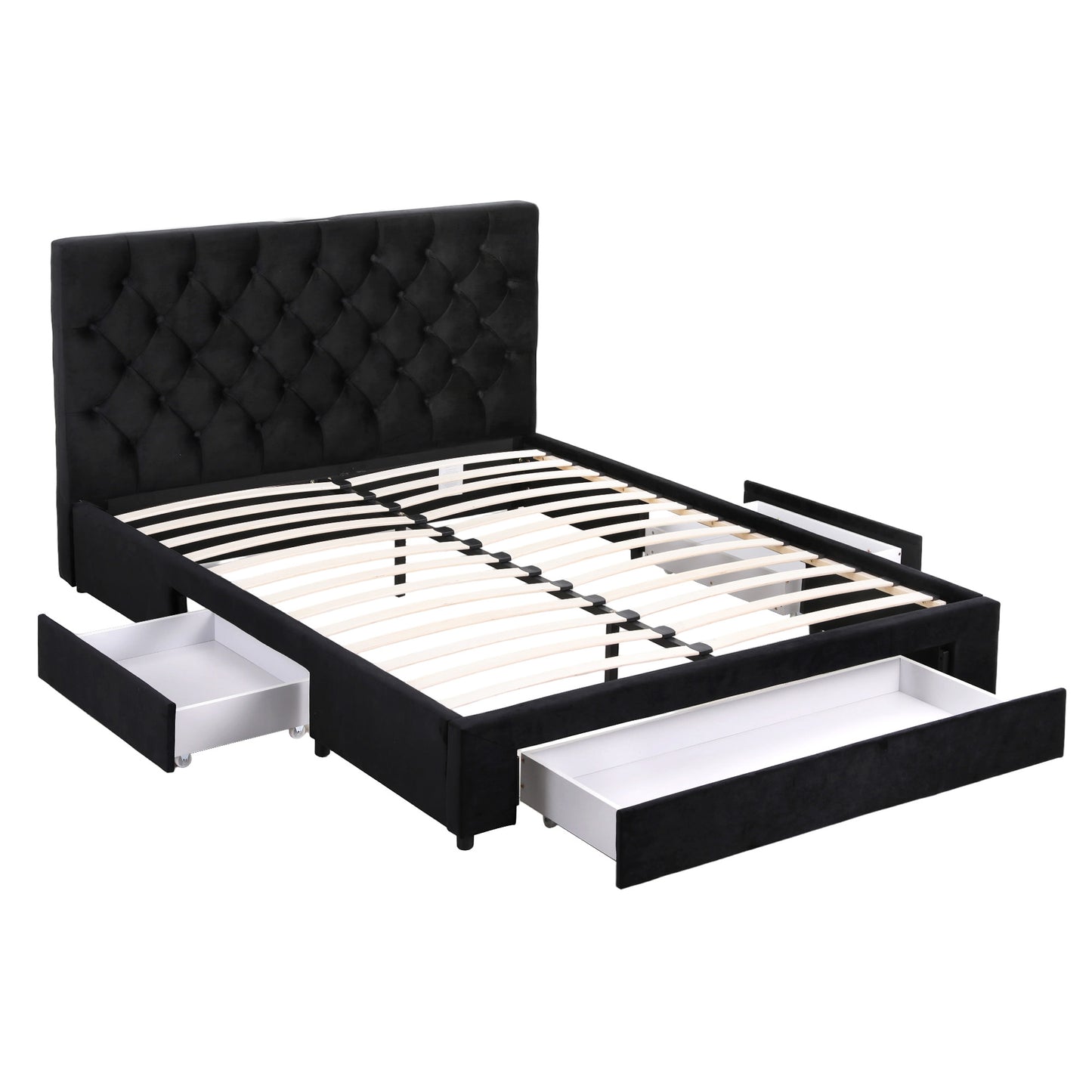 Double Upholstered Bed Frame – Storage Drawers with USB and Type-C Charging Ports