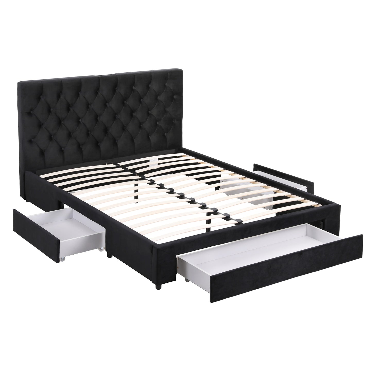 Queen Upholstered Bed Frame with Storage Drawers and USB Type-C Charging Station