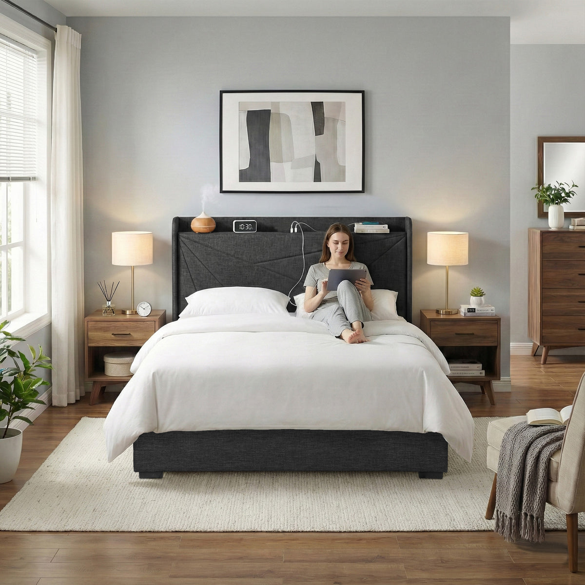 TWSC Queen Bed Frame Gas Lift Storage Bed with Charging Ports Upholstered Geometric Headboard Charcoal Grey