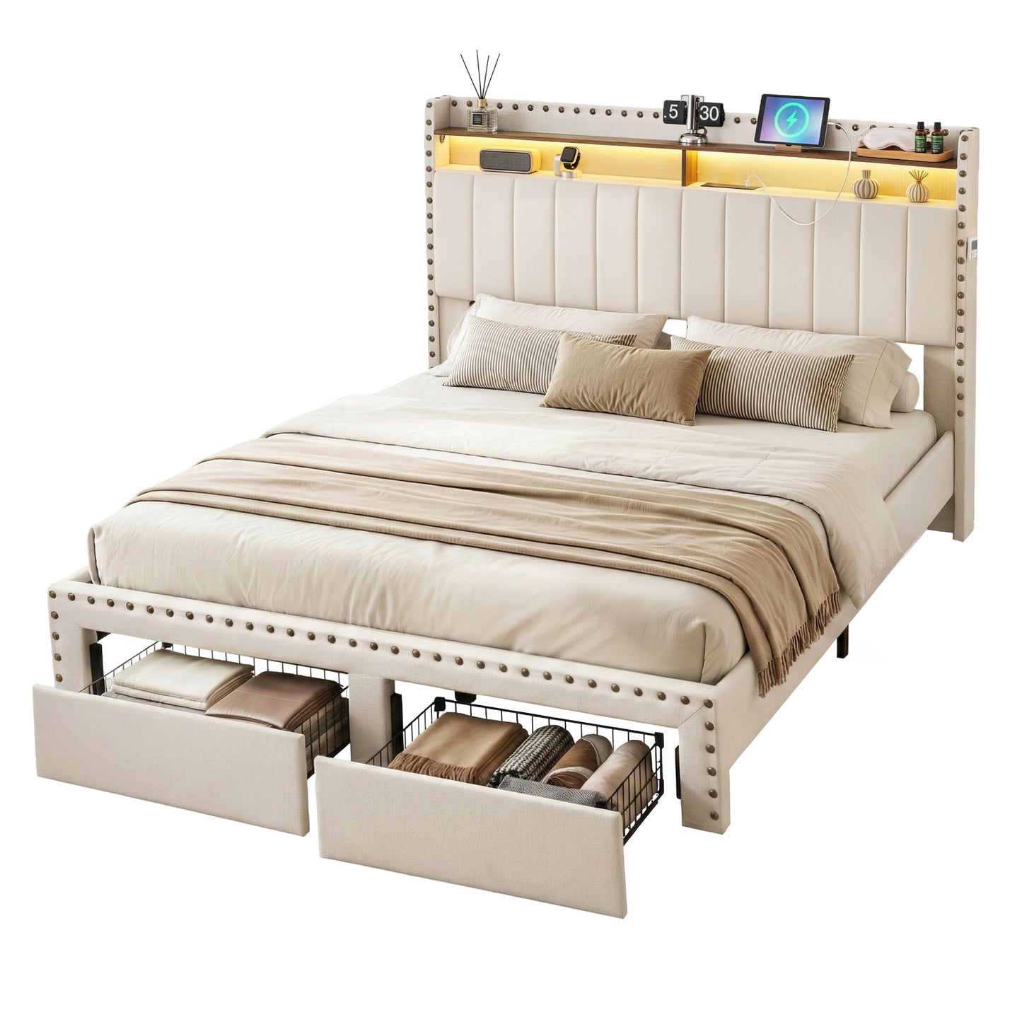 Queen Upholstered Bed Frame with Storage Drawers, Charging Station & Mood Lighting in Linen