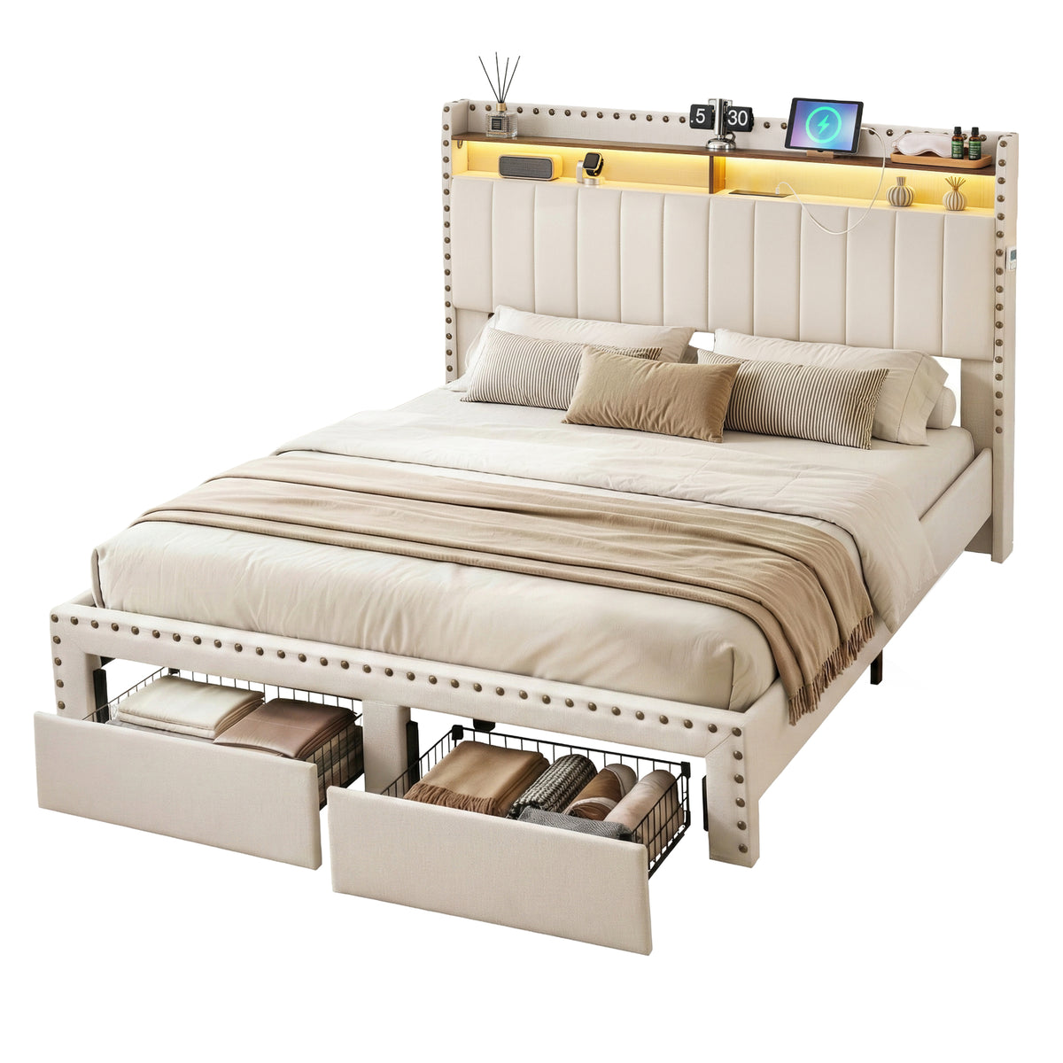 TWSC Queen Upholstered Bed Frame with Shelf Storage Drawers Charging Station Mood Lighting Linen
