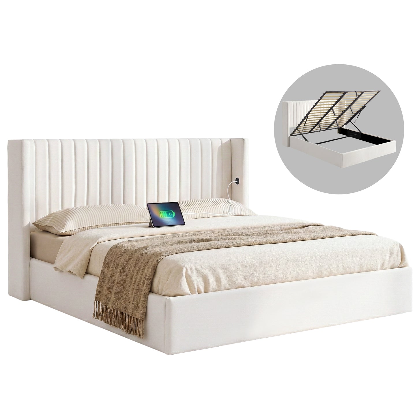 TWSC King Bed Frame with Gaslift Storage USB Type-C Charging Ports Velvet Upholstery White