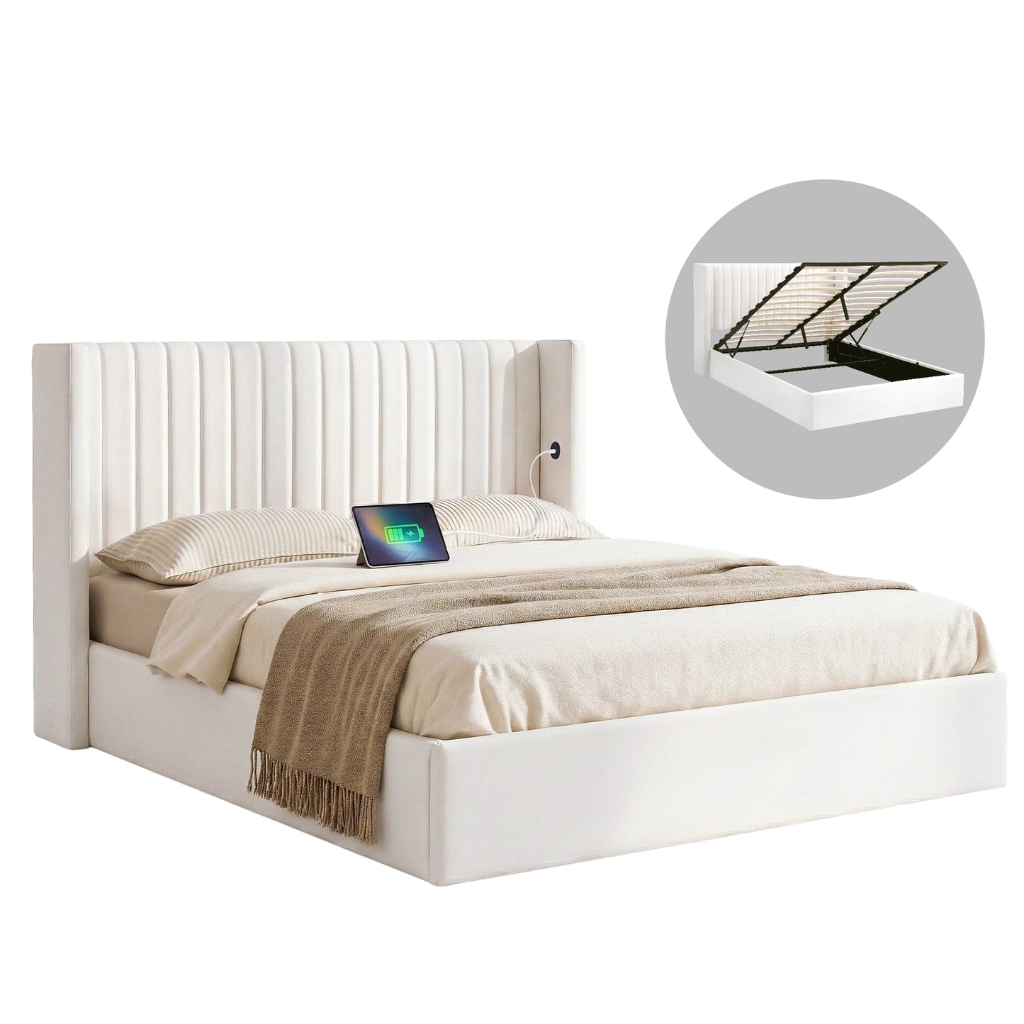 TWSC Queen Bed Frame with Gaslift Storage USB Type-C Charging Ports Velvet Upholstery White