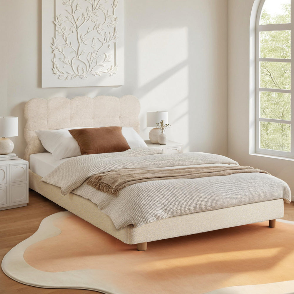 TWSC King Single Bed Frame Cloud Headboard Boucle Fabric Mattress Platform Base White