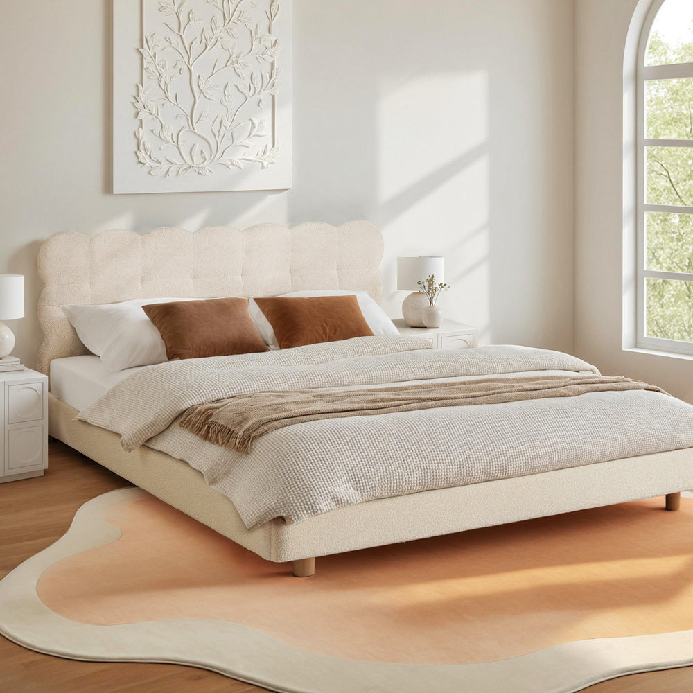 TWSC Queen Bed Frame Cloud Headboard Boucle Fabric Mattress Platform Base White