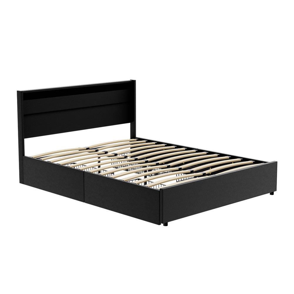 Artiss Bed Frame LED with 4 Drawers Black DUNN