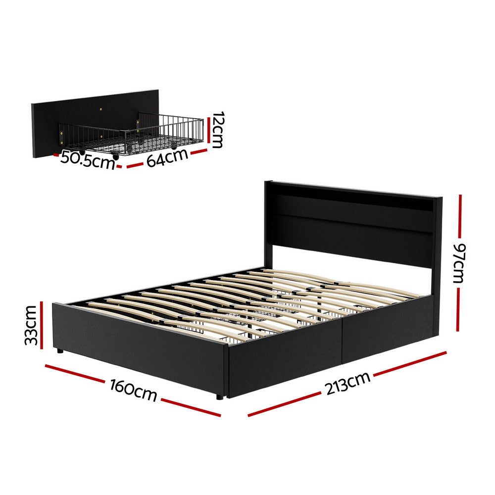 Artiss Bed Frame LED with 4 Drawers Black DUNN