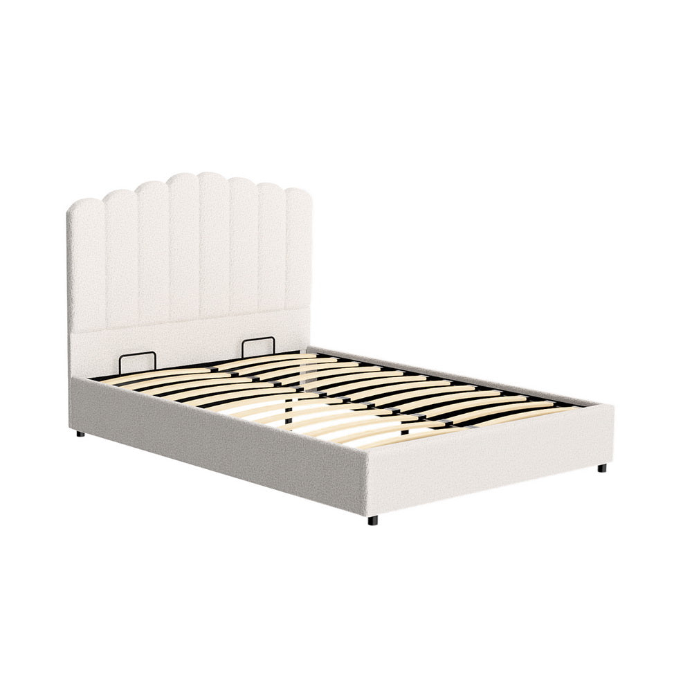 Bed Frame Fion – Boucle Upholstery, Double Size, Gas Lift Storage