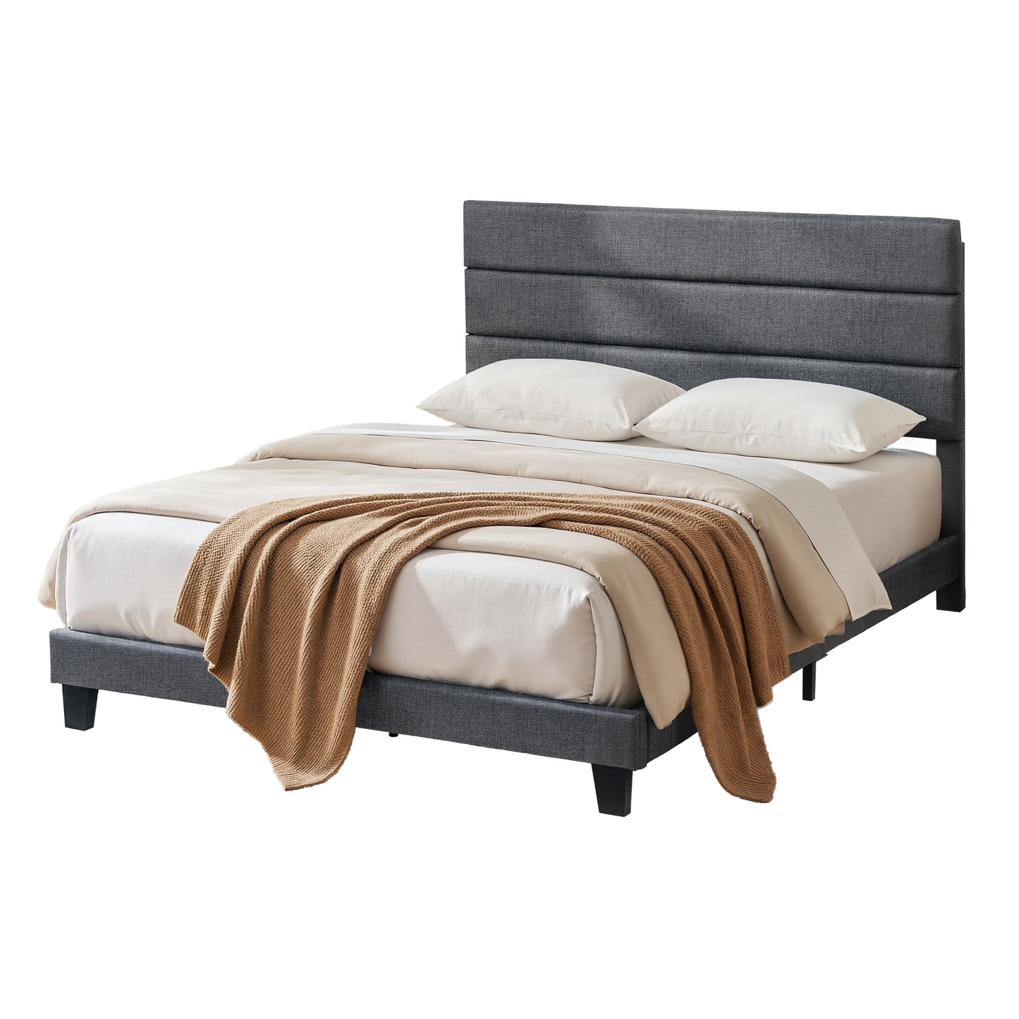 Double Bed Frame – Upholstered Platform with Geometric Charcoal Grey Linen Headboard