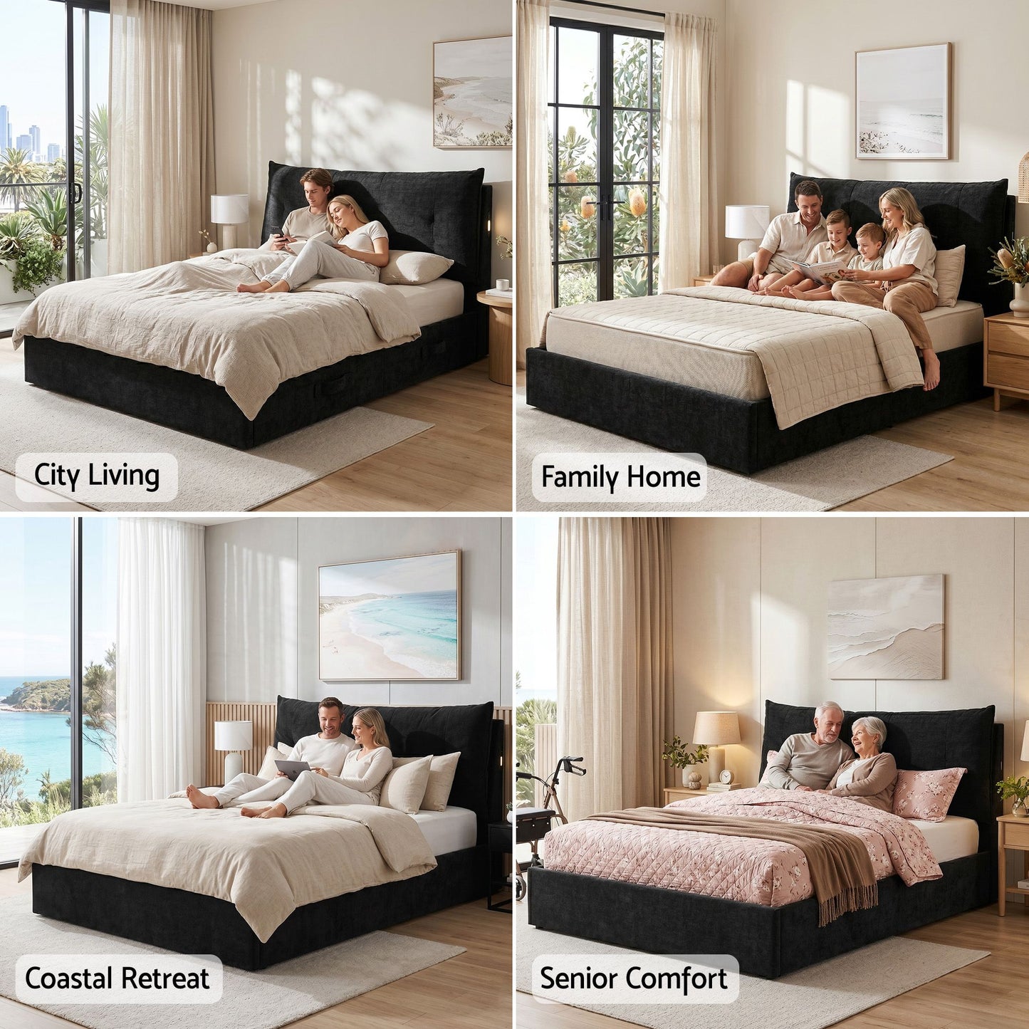 TWSC Queen Bed Frame with Horizontal Gas Lift Storage with LED Light USB Type-C Charging Station Black Velvet
