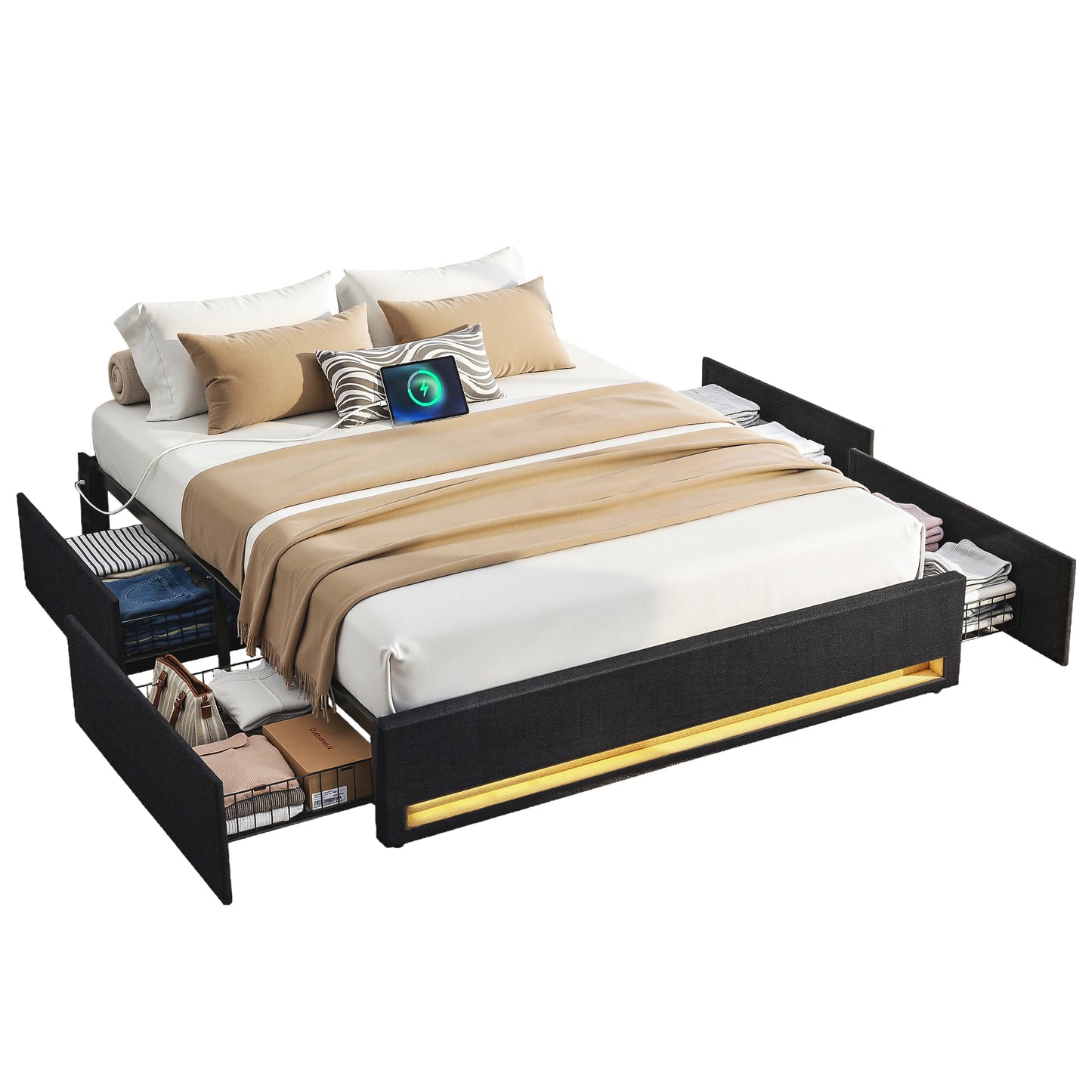 Double Bed Frame with Storage Drawers, RGB Lighting & Charging Station – Upholstered Fabric