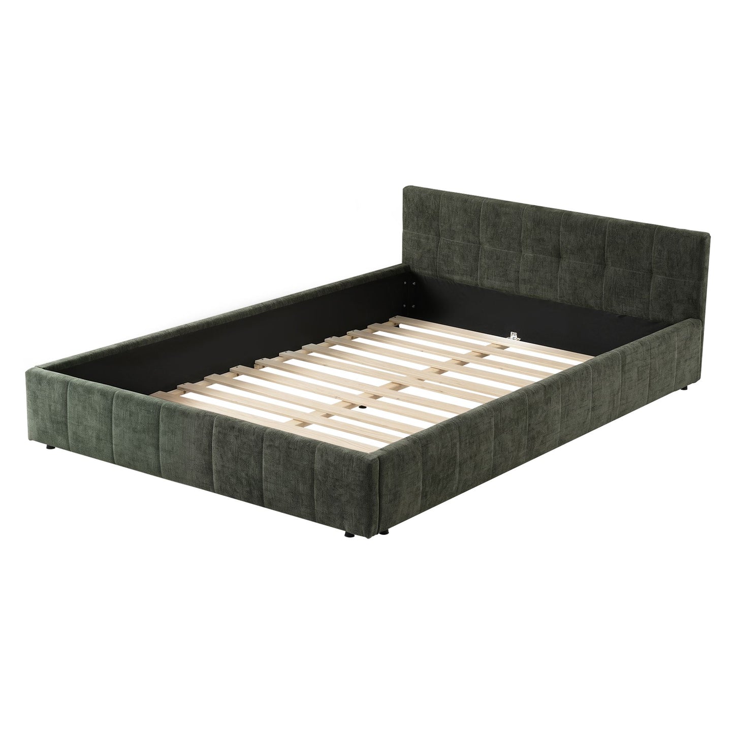 TWSC Double Bed Frame Chenille Heavy Duty Platform Base Green 300kg Support No Box Spring Needed