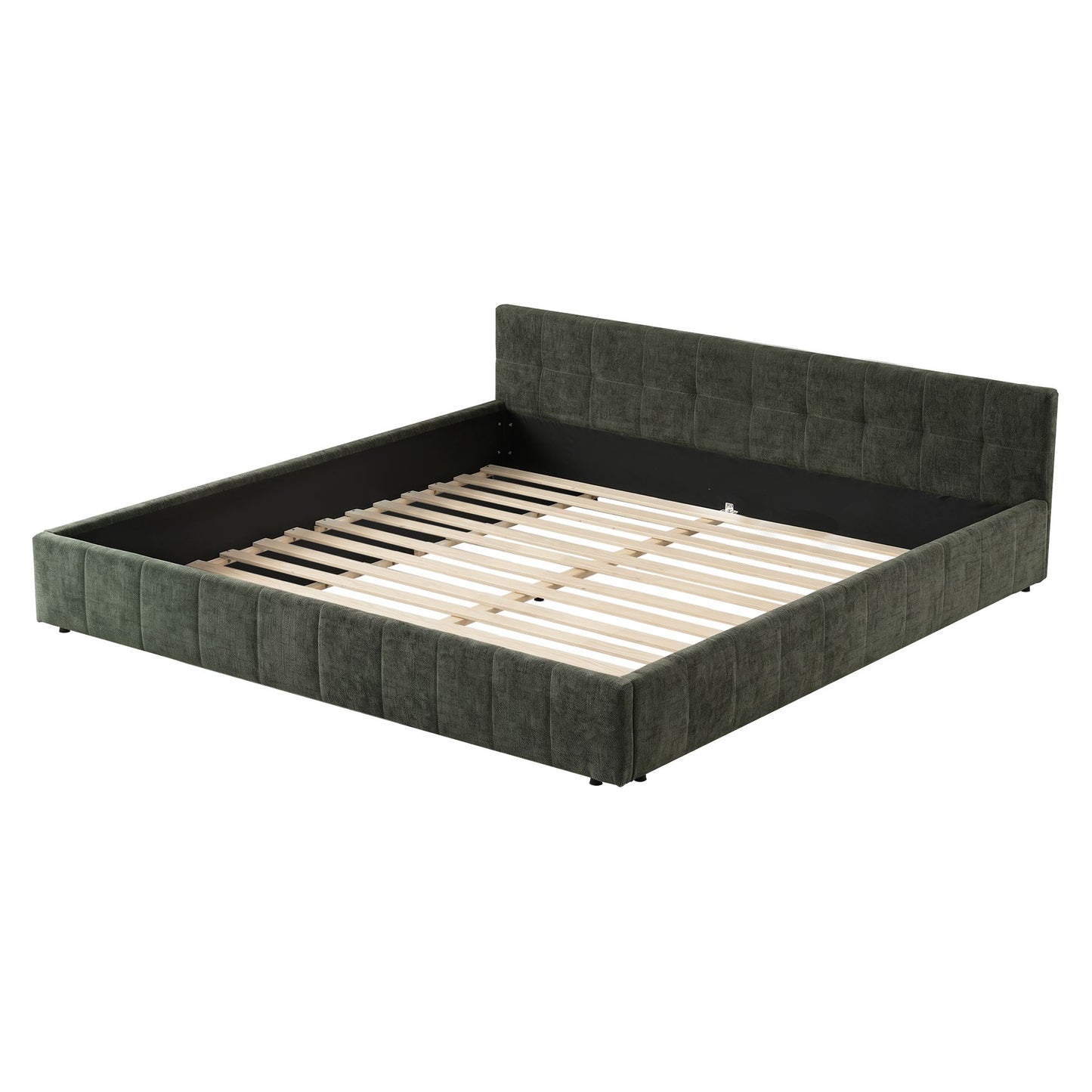 TWSC King Bed Frame Chenille Heavy Duty Platform Base Green 300kg Support No Box Spring Needed