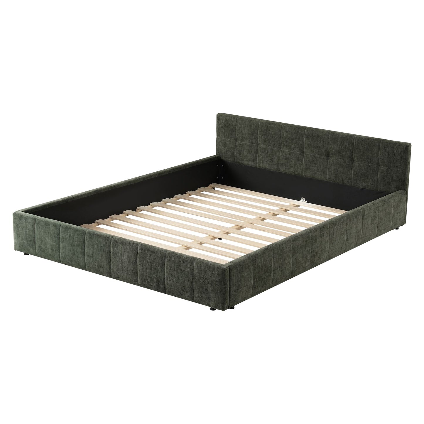TWSC Queen Bed Frame Chenille Heavy Duty Platform Base Green 300kg Support No Box Spring Needed