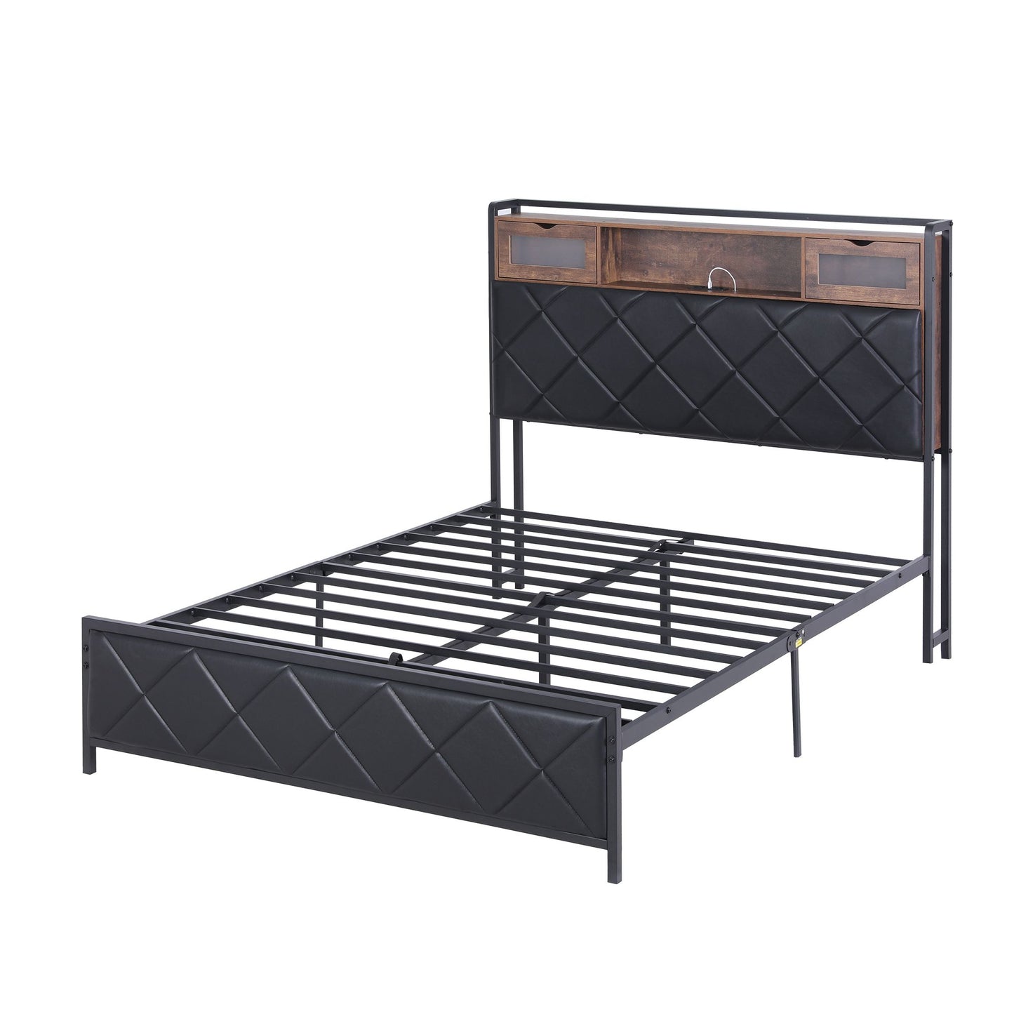 Double Bed Frame with LED Lights and Storage Headboard – USB & AC Charging Station