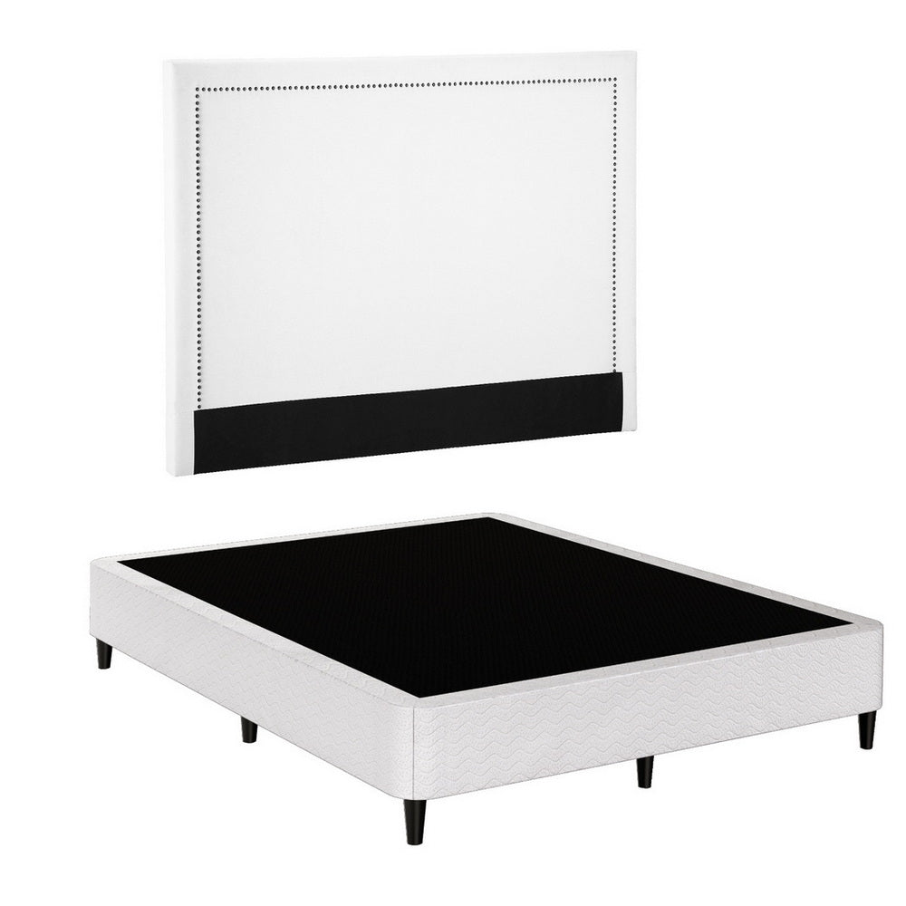 Queen Bed Frame with Fabric Headboard – Metal Platform Base, Grey Beige