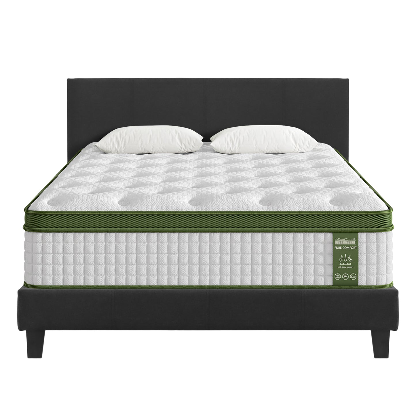 BedStory Double Bed Frame and Hybrid Pocket Coil Mattress – Charcoal Upholstered, Medium-Firm Support