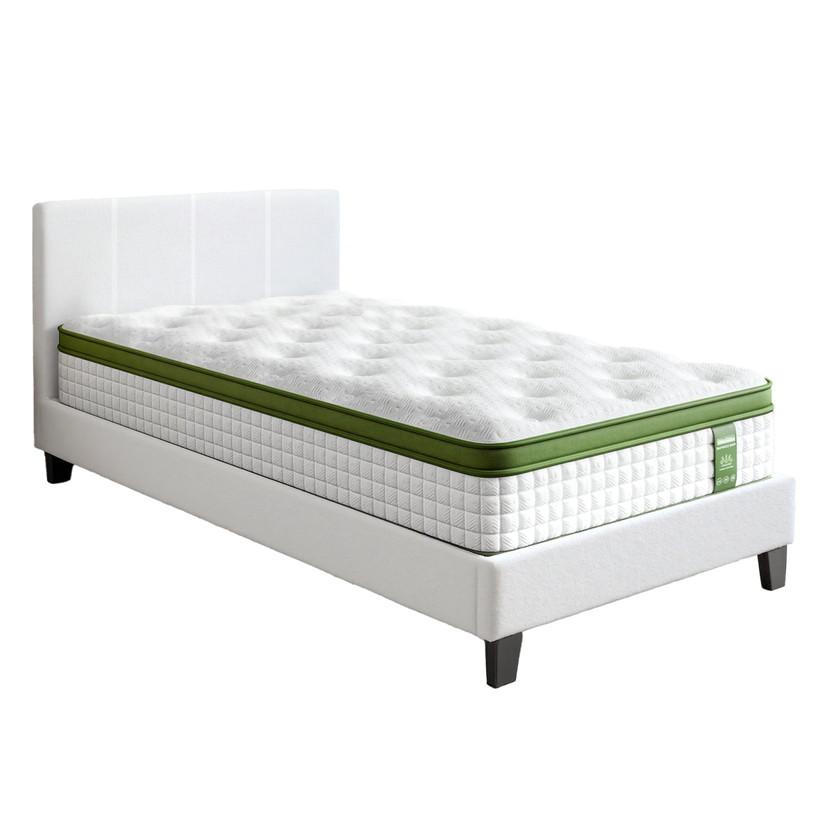 TWSC Single Bed Frame with Hybrid Mattress Set 30cm Medium Firm Platform Headboard Boucle Upholstered Pocket Coil for Pressure Relief