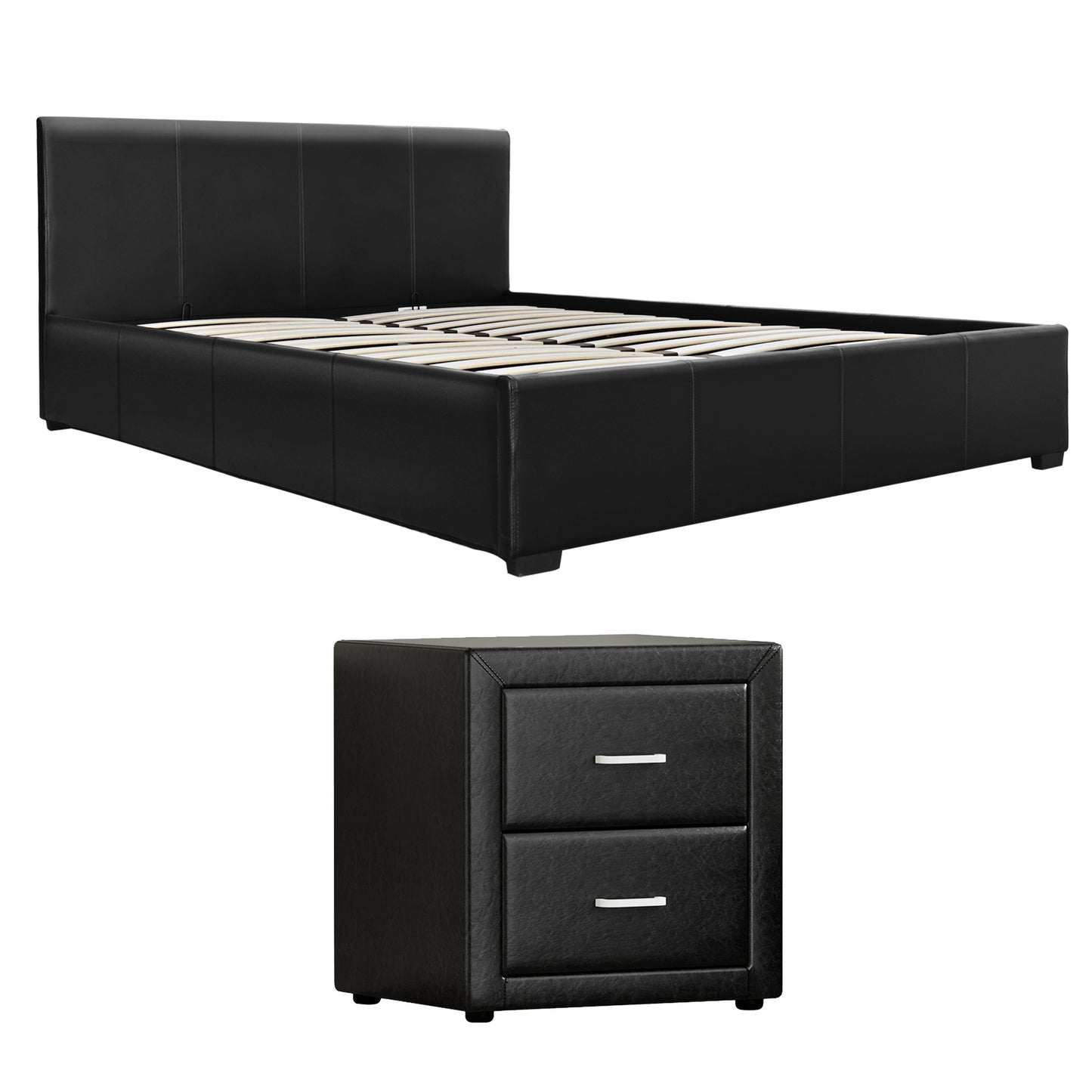 Gas Lift Queen Bed Frame with Storage and Black Leather Bedside Table Set