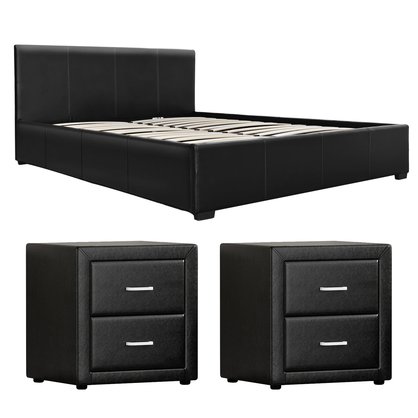 Gas Lift Queen Bed Frame with 2 Black Leather Bedside Tables