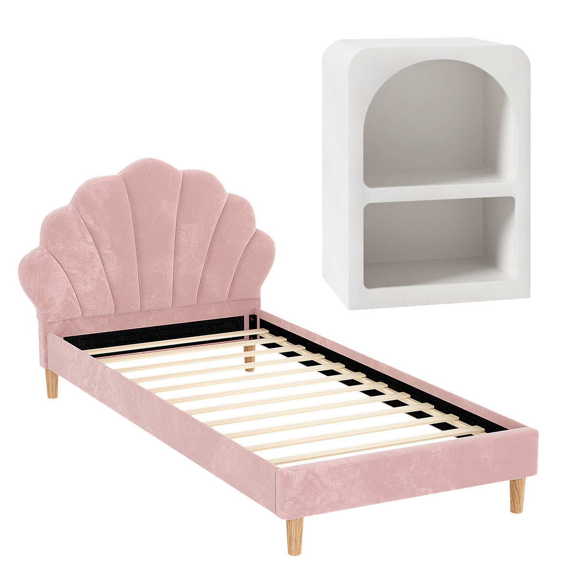 TWSC Bed Frame King Single with Bedside Table Set Scallop Headboard Pink Velvet Fabric Beds Base