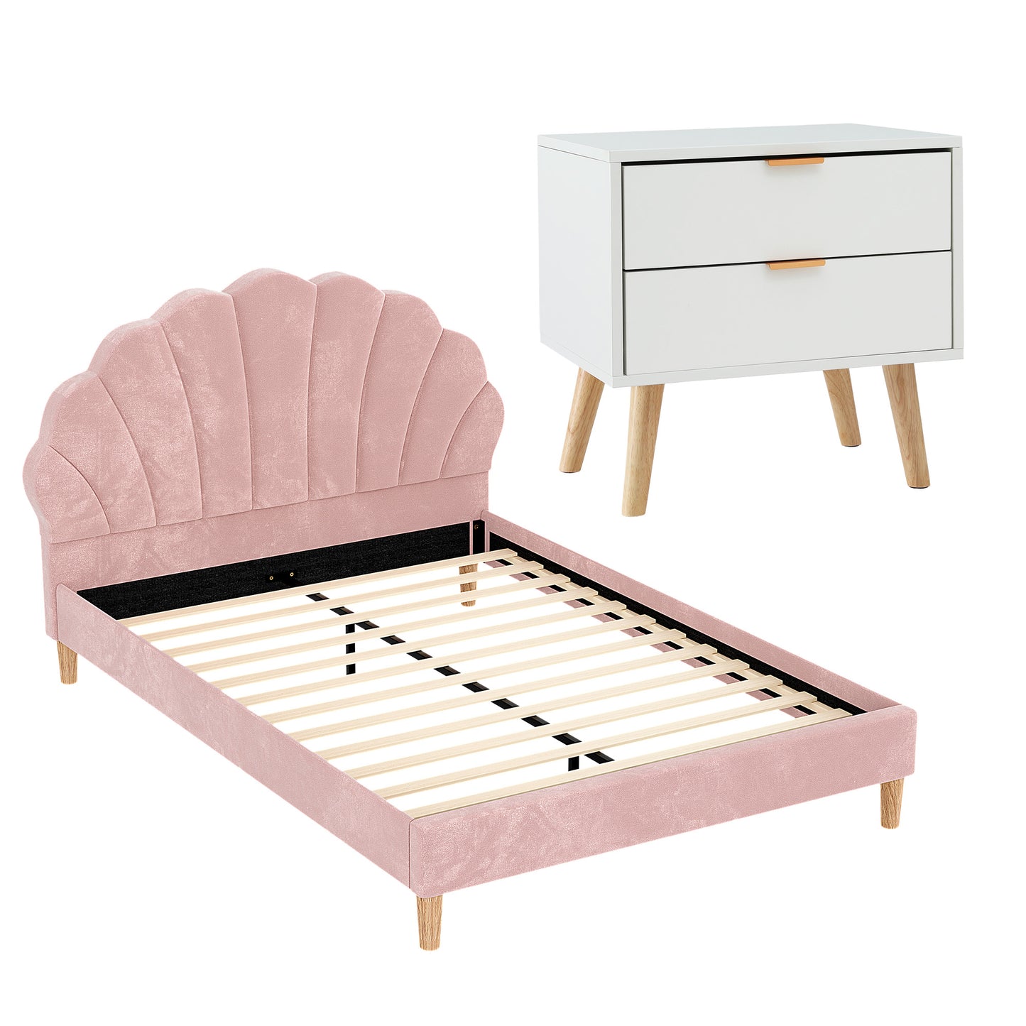 Double Bed Frame with Pink Velvet Scallop Headboard and White 2-Drawer Bedside Table