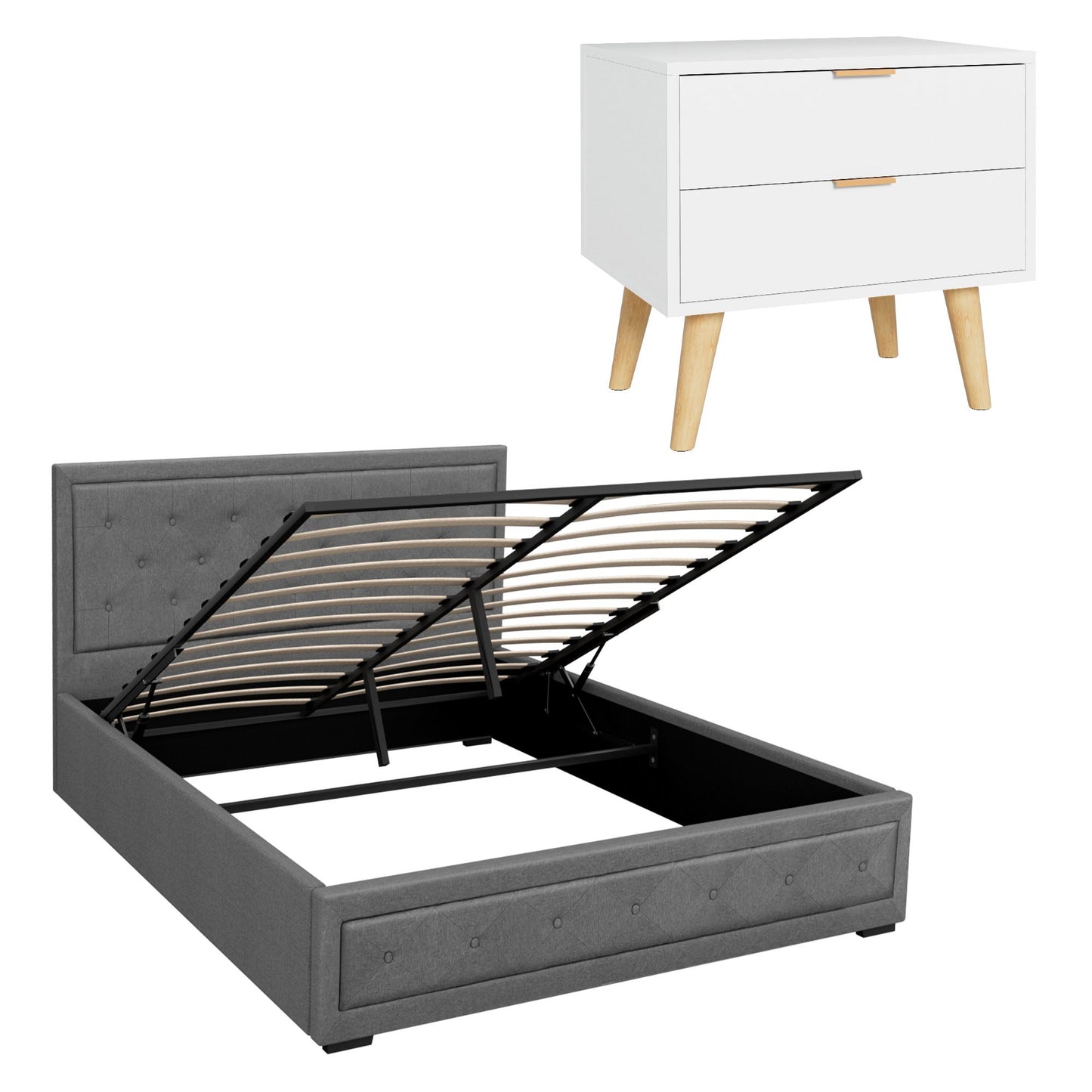 TWSC Upholstered Queen Gas Lift Storage Bed Frame with 2-Drawer Bedside Table Set