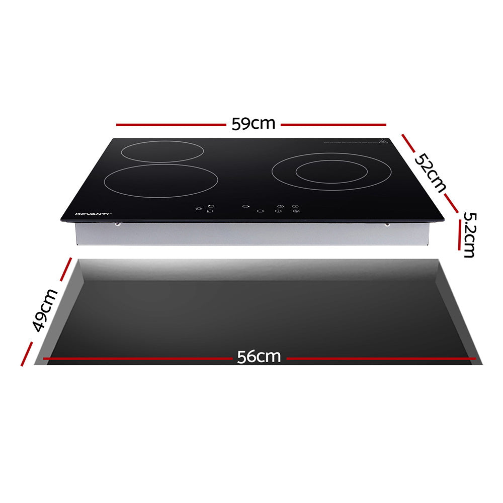 Devanti Ceramic Electric Cooktop – 4 Burner Touch Control, 60cm Black Glass