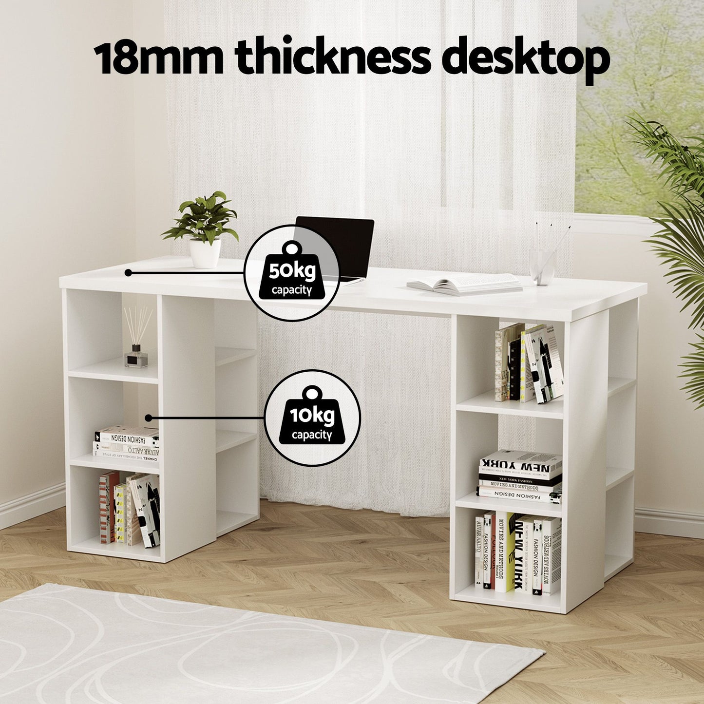 TWSC Office Desk & Chair Set 150cm Computer Desk with 6 Storage Shelves & Ergonomic Cross Legged Chair Armless Cross PU Leather Office Chair with Wheels