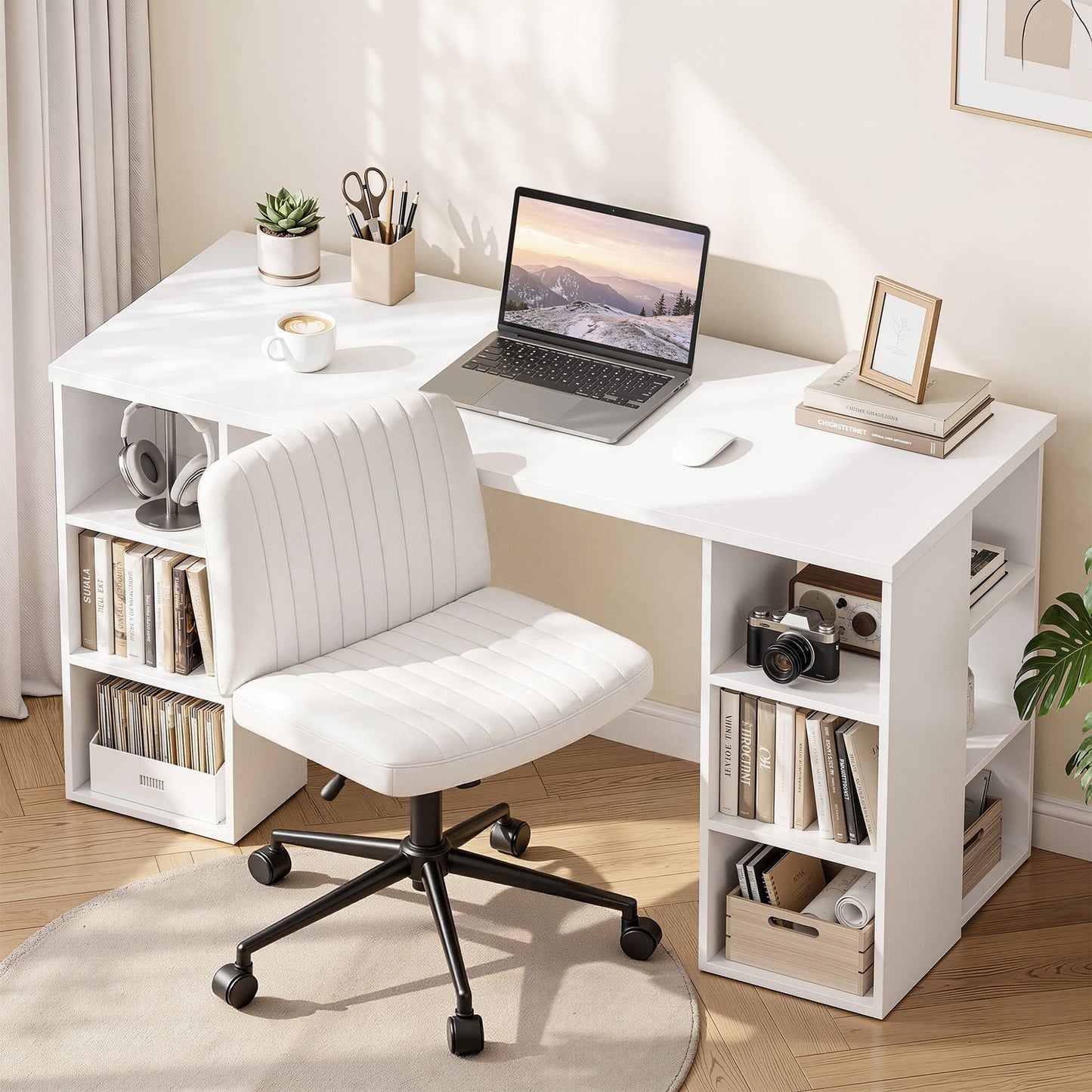 TWSC Office Desk & Chair Set 150cm Computer Desk with 6 Storage Shelves & Ergonomic Cross Legged Chair Armless Cross PU Leather Office Chair with Wheels