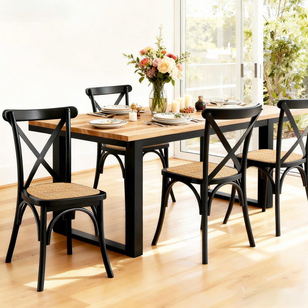 TWSC 4x Dining Chairs Rattan Wooden Kitchen Accent Chair Cafe Lounge Rubber Wood