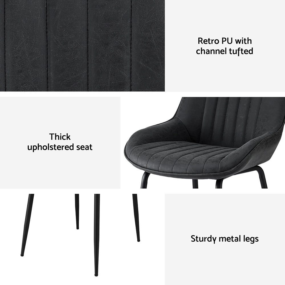TWSC 2x Dining Chairs Retro PU Leather Kitchen Lounge Cafe Accent Chair Black
