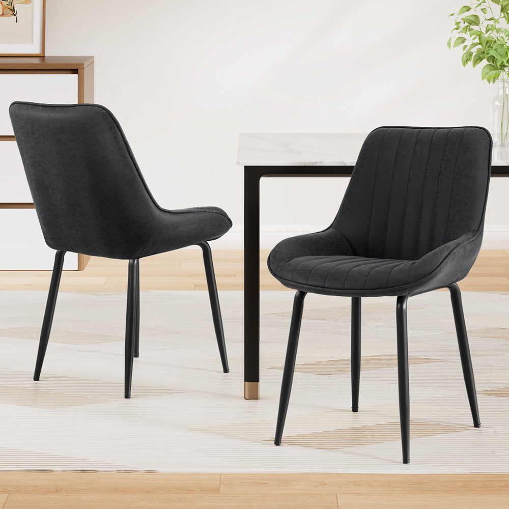 TWSC 2x Dining Chairs Retro PU Leather Kitchen Lounge Cafe Accent Chair Black