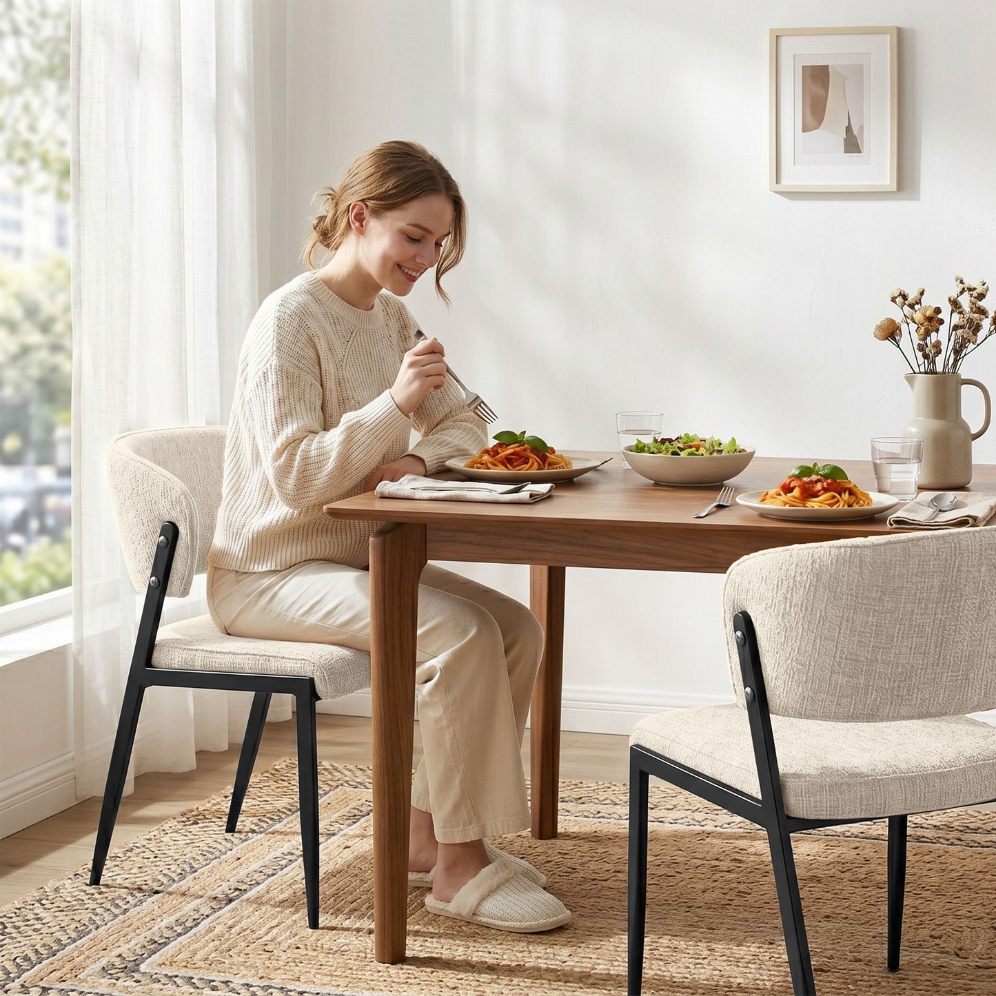 TWSC Dining Chairs Set of 2 Linen Fabric Soft Upholstered Chairs Beige
