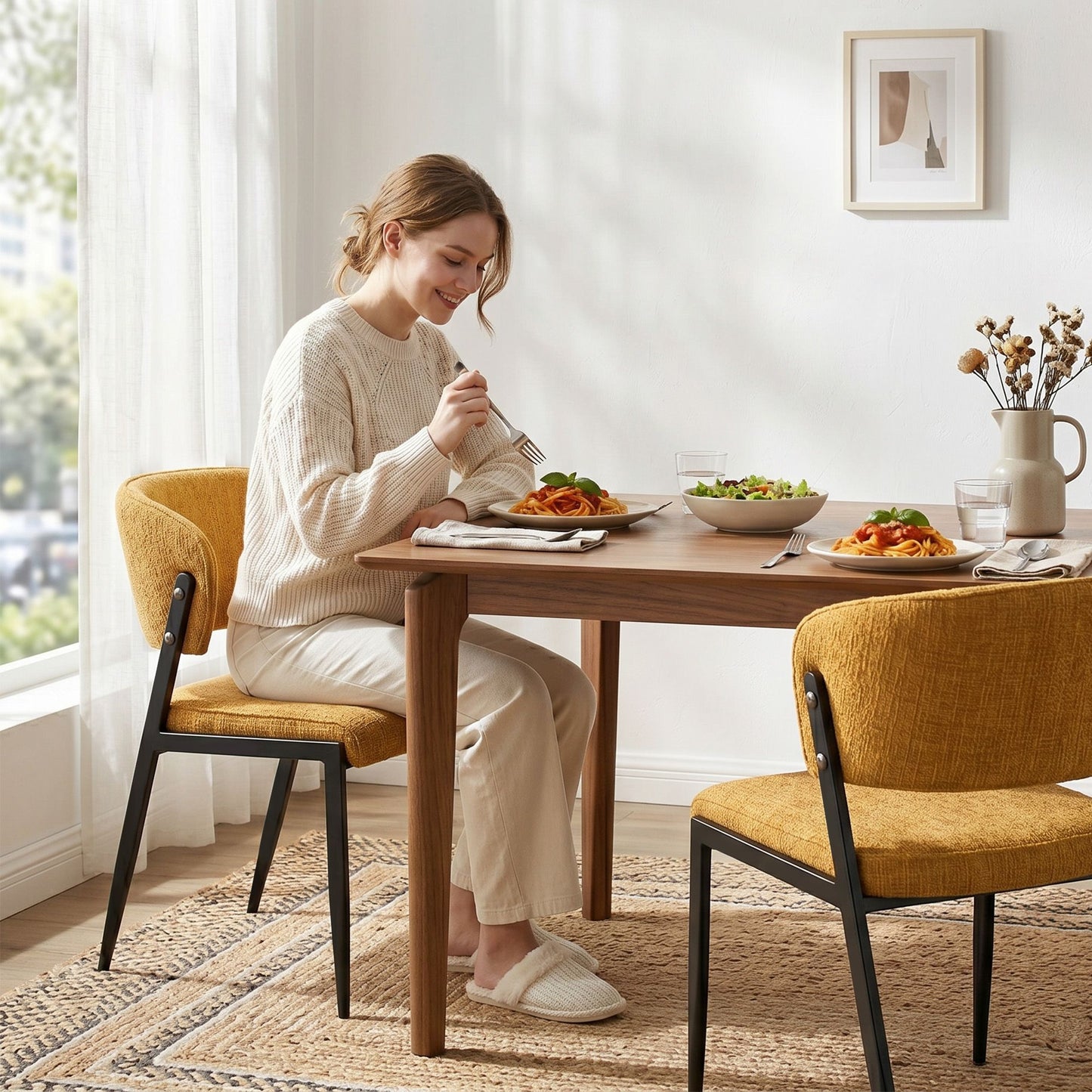 TWSC Dining Chairs Set of 2 Linen Fabric Soft Upholstered Chairs Mustard