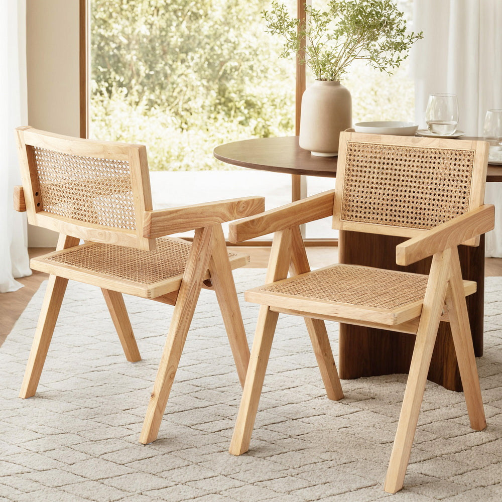 Dining Chairs with Wooden Rubberwood Frame and Rattan Seat – Set of 2
