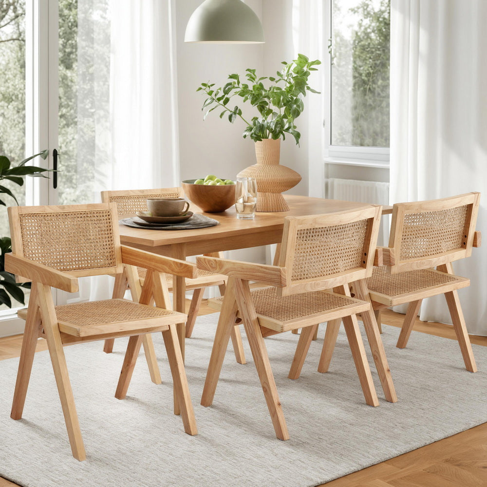 Dining Chairs Set of 4 – Wooden Rubberwood Frame with Rattan Seat
