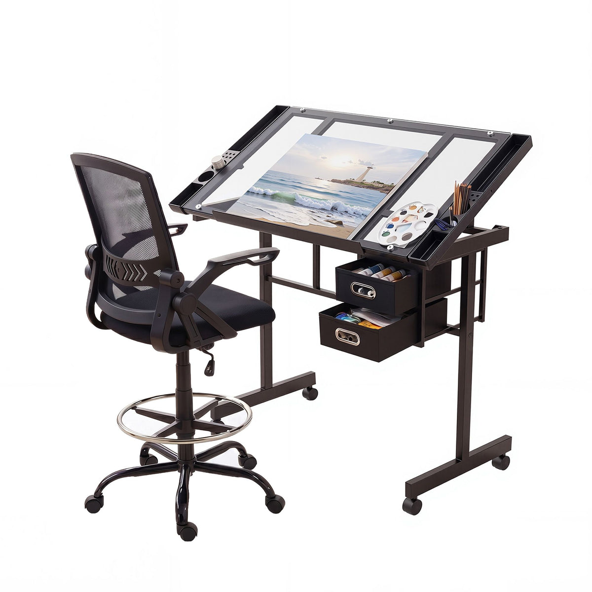 TWSC Drawing Table with Ergonomic Office Chair, Drafting Tables with Tempered Glass Desktop, Removable Drawers, Drafting Stool with Height Adjustable for Artwork Painting Studio