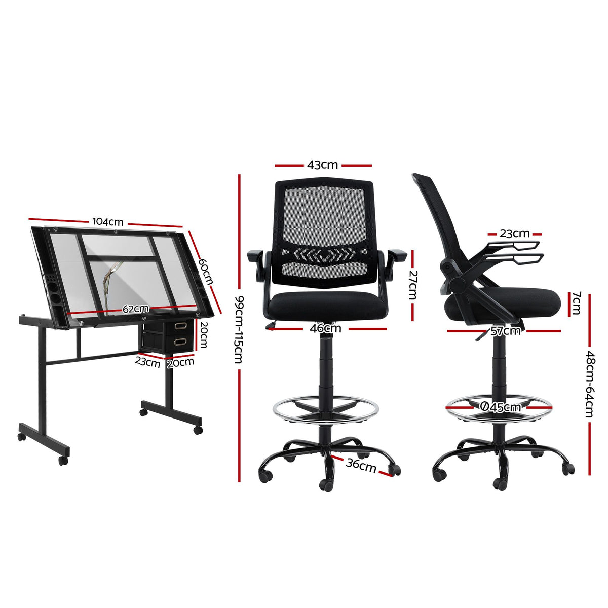 TWSC Drawing Table with Ergonomic Office Chair, Drafting Tables with Tempered Glass Desktop, Removable Drawers, Drafting Stool with Height Adjustable for Artwork Painting Studio