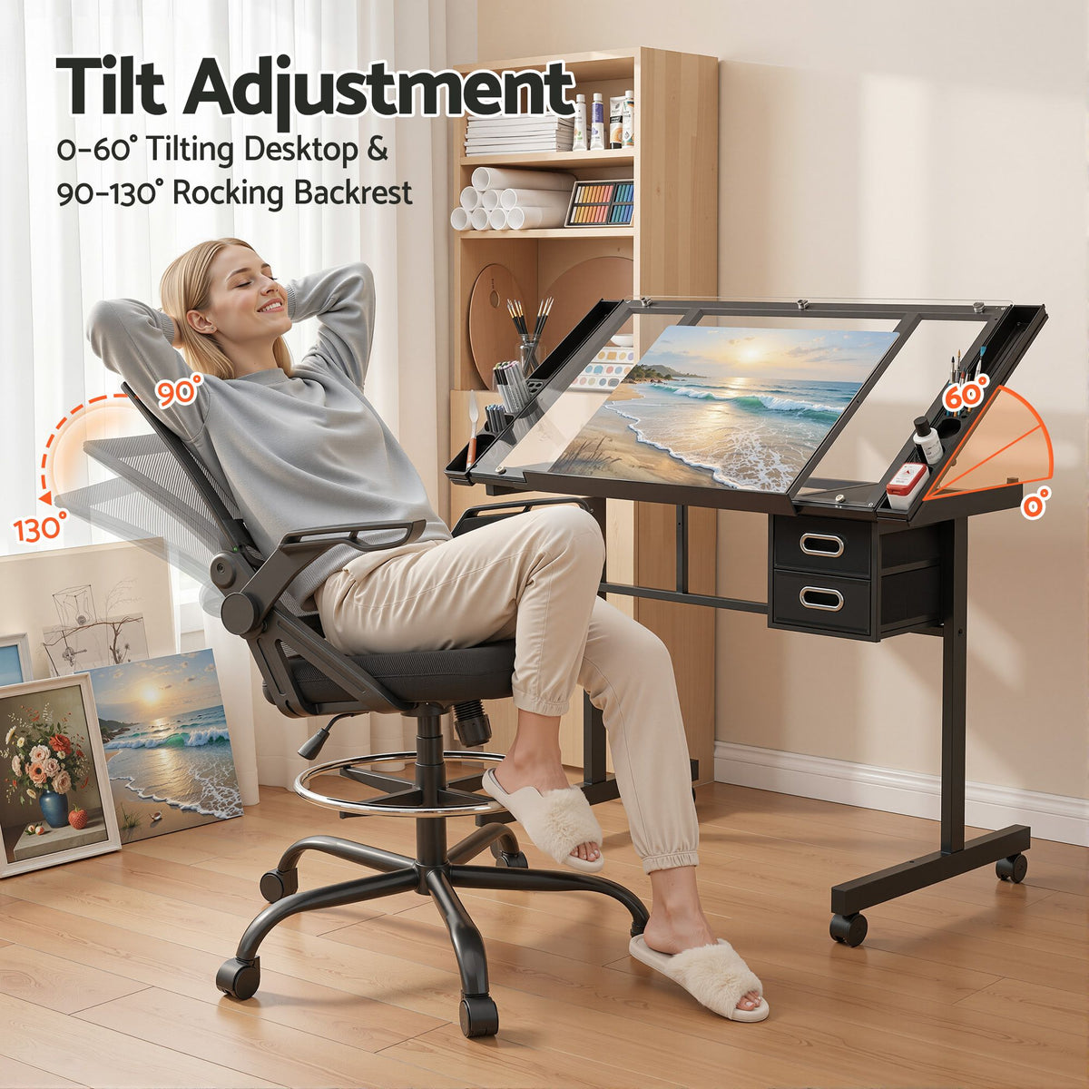 TWSC Drawing Table with Ergonomic Office Chair, Drafting Tables with Tempered Glass Desktop, Removable Drawers, Drafting Stool with Height Adjustable for Artwork Painting Studio