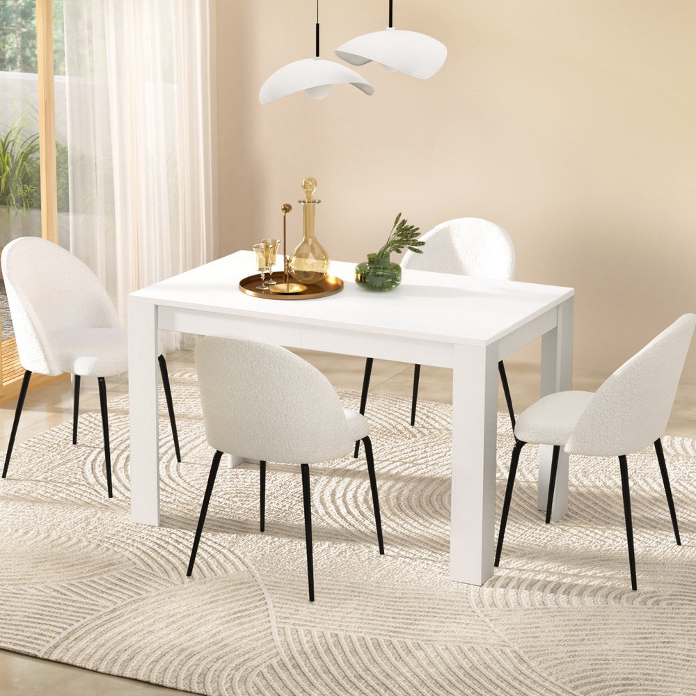 Dining Table and 4 Chairs Set – White Sherpa Upholstery, Durable Melamine Finish