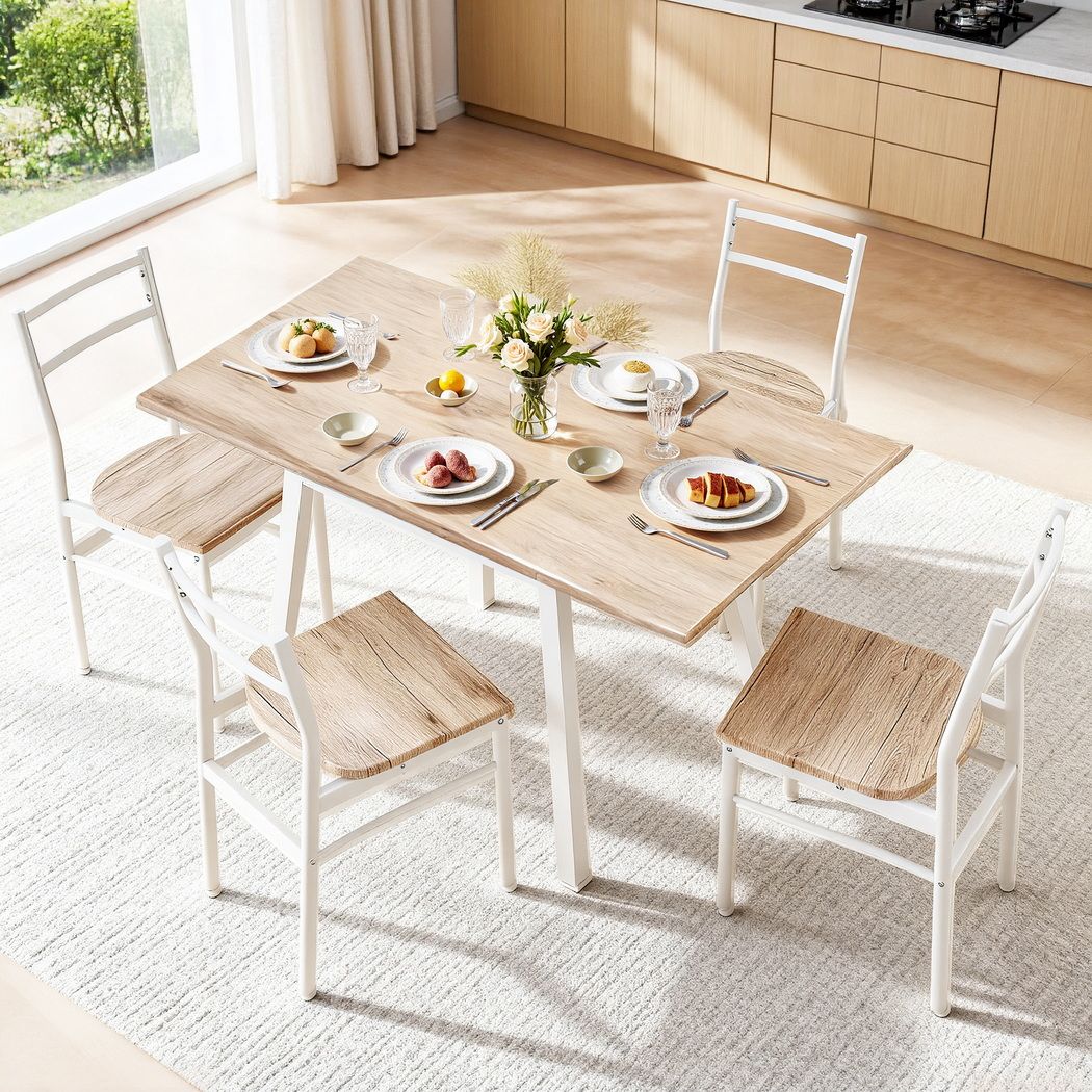 TWSC Dining Table and Chairs Set 5pcs with Extendable 60-120cm Drop-Leaf Table Natural White