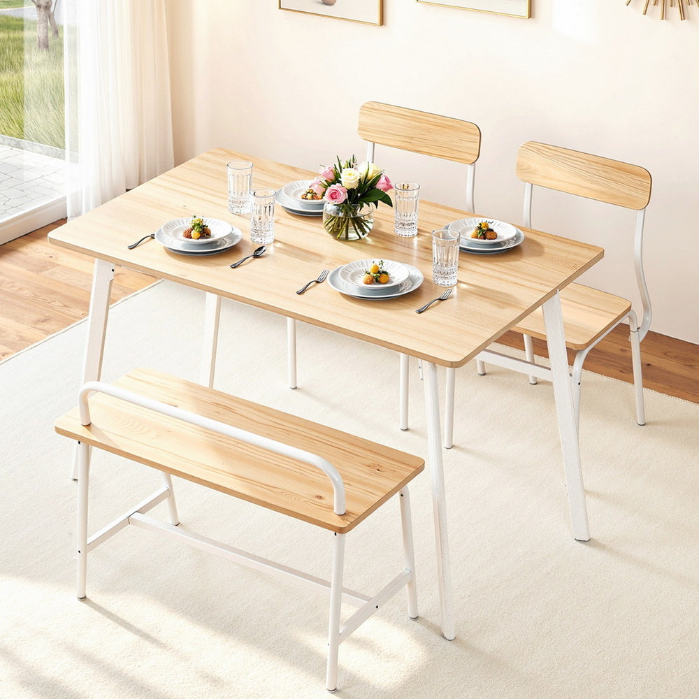 Dining Table and Chairs Set with Bench – Natural Wood and White Finish, Seats 4