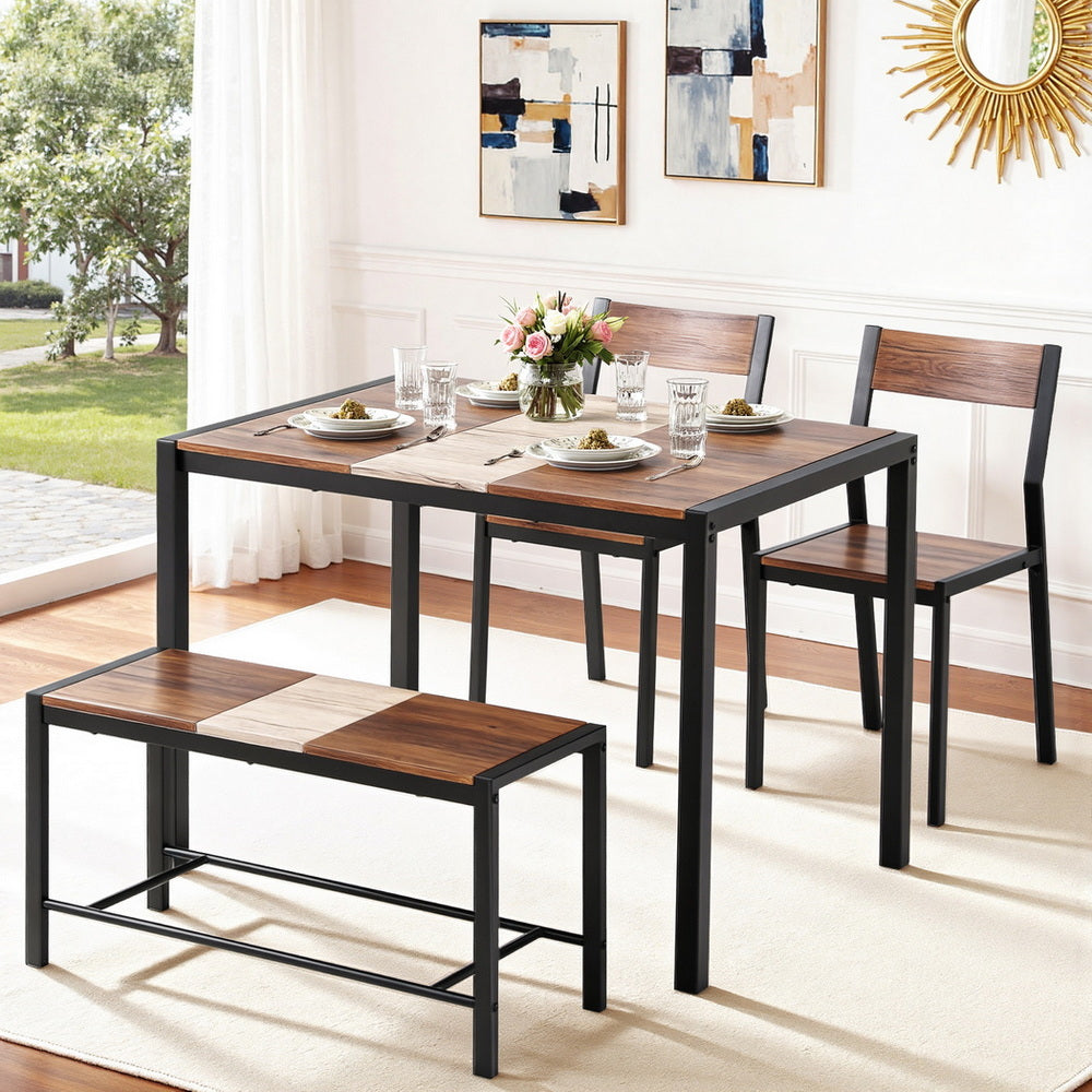 Dining Table and Chairs Set with Bench – Rustic Brown Kitchen Furniture, 4-Piece