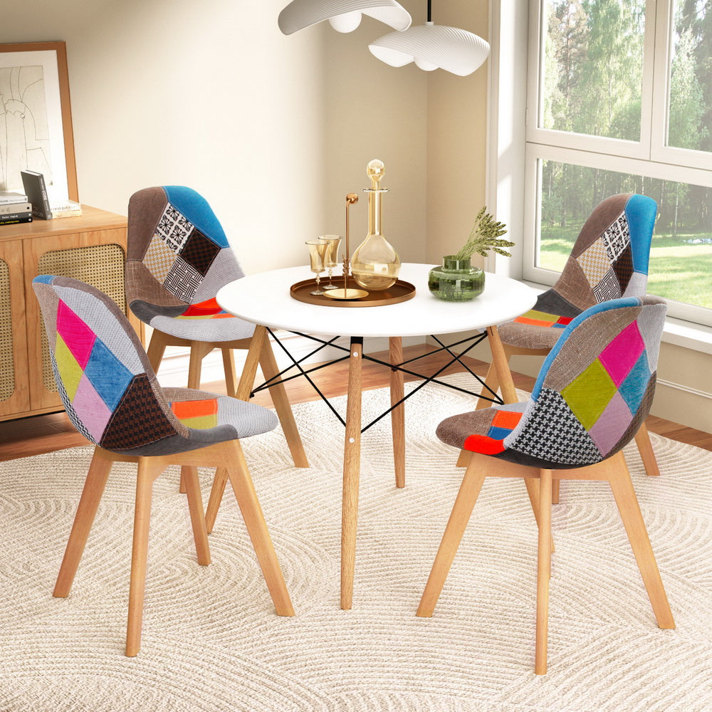 Dining Table and 4 Chairs Set – White MDF Top with Beech Wood Legs, 100cm Diameter